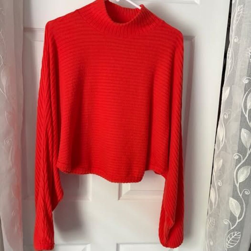 Pilcro Anthropologie Red Orange Batwing Mock Neck Ribbed Sweater Womens Size M